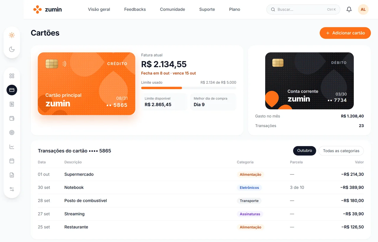 Tela de cartões da zumin com fatura atual, limite usado e transações do cartão